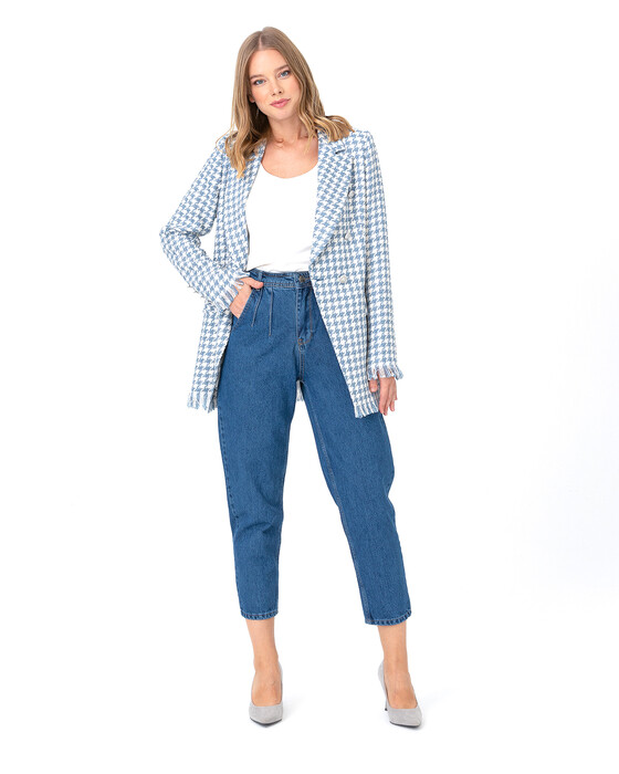 Püskül Detaylı Kazayağı Desenli Ceket