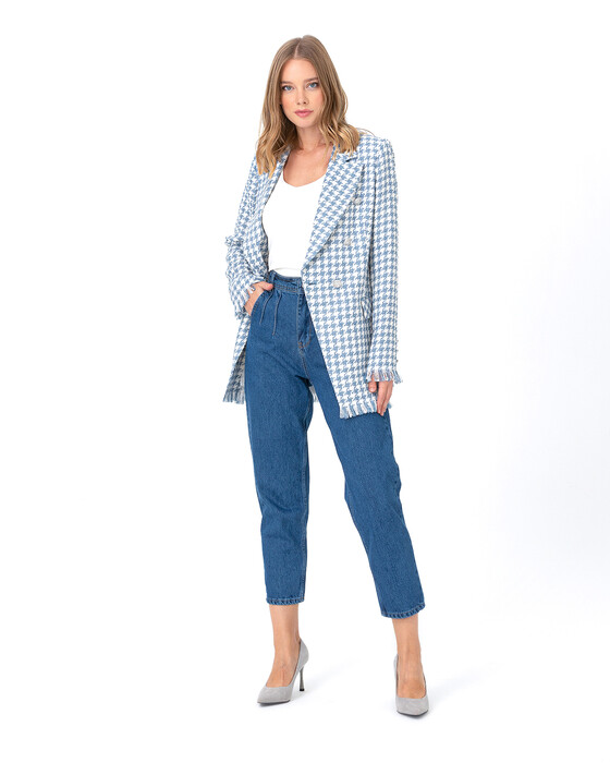 Püskül Detaylı Kazayağı Desenli Ceket