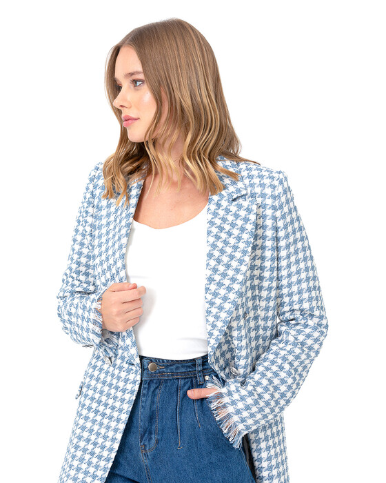 Püskül Detaylı Kazayağı Desenli Ceket