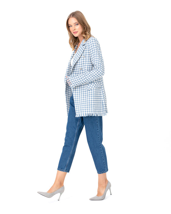 Püskül Detaylı Kazayağı Desenli Ceket