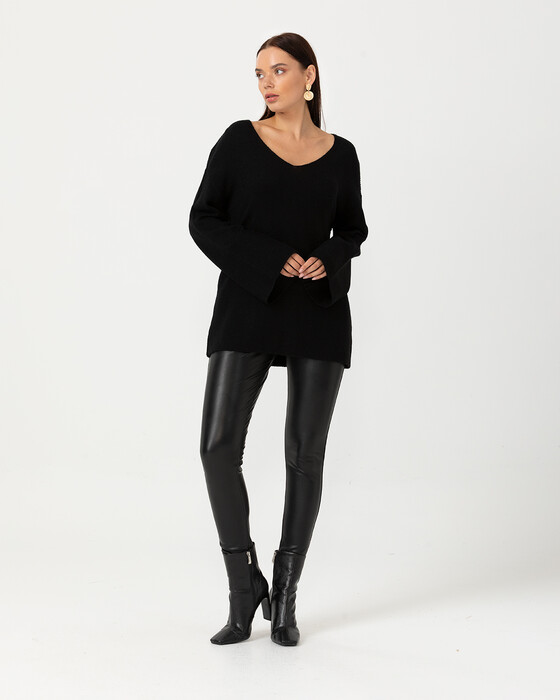 V NECK KNITTED BLOUSE WITH SLEEVE DETAIL
