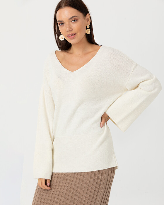 Geniş Kollu V Yakalı Triko Bluz