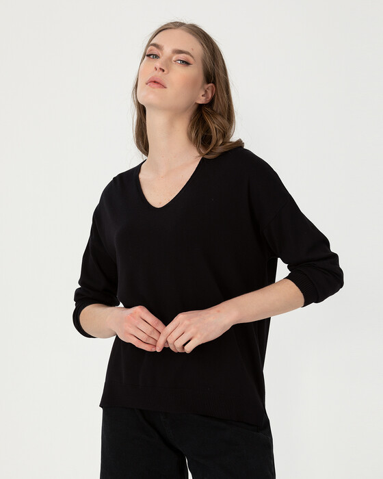 V Yaka Basic Triko Bluz