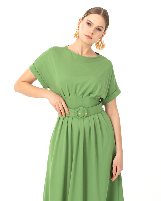 Beli Dikişli Kemerli Elbise