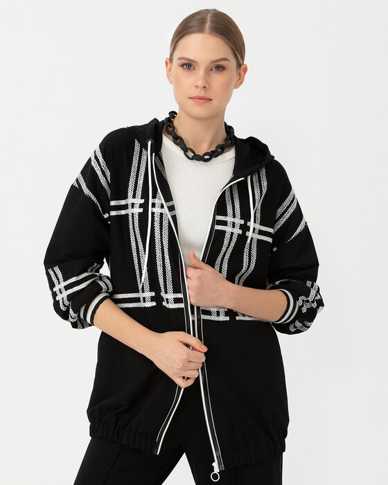 Işleme Detaylı Fermuarlı Sweatshirt Ceket