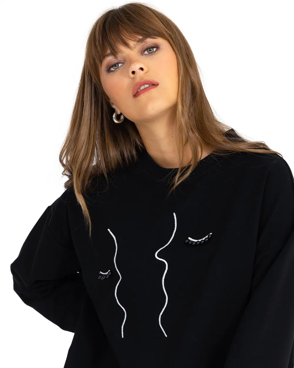 Baskılı Boncuk İşlemeli Sweatshirt