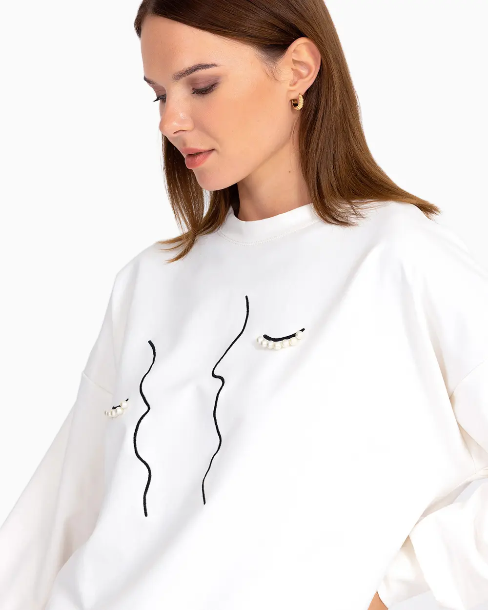 Baskılı Boncuk İşlemeli Sweatshirt