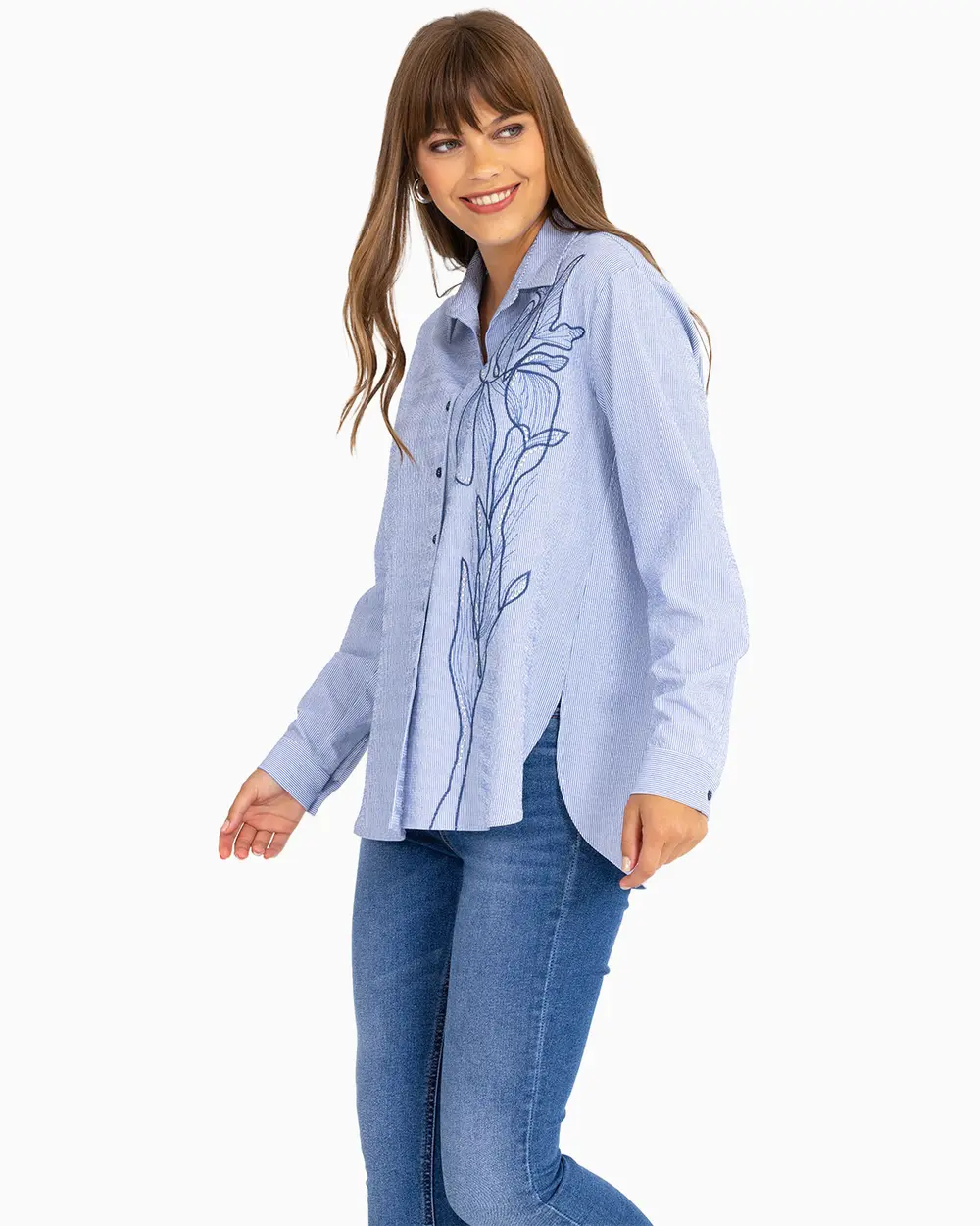 Nakış Detaylı Çizgili Gömlek