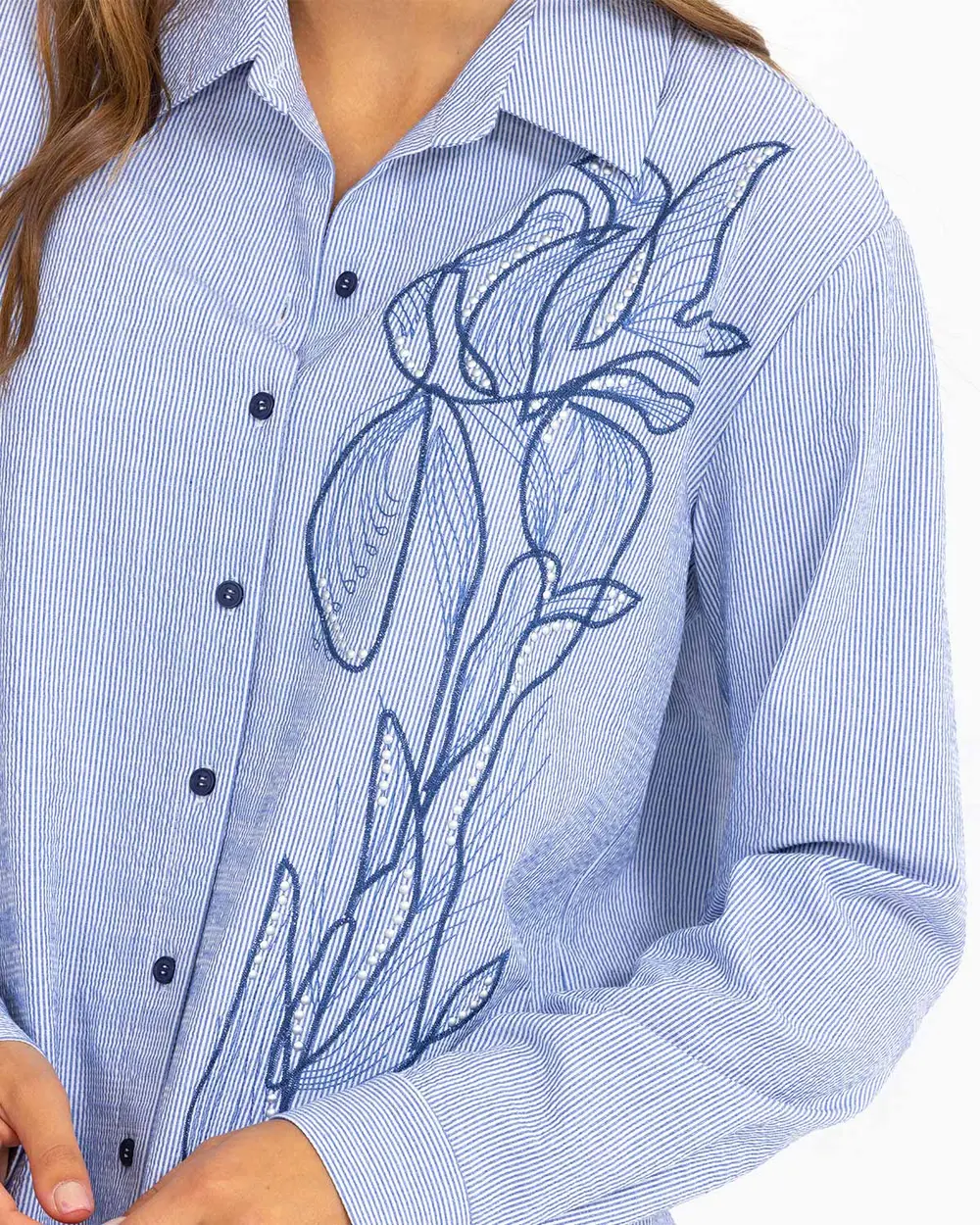 Nakış Detaylı Çizgili Gömlek