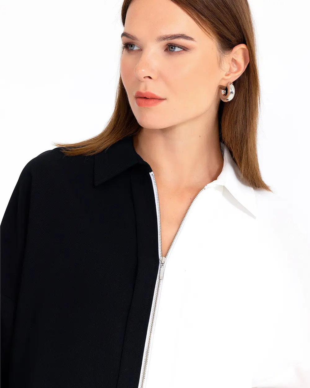 Renk Bloklu Fermuarlı Gömlek