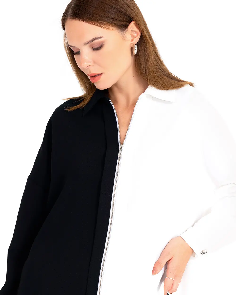 Renk Bloklu Fermuarlı Gömlek