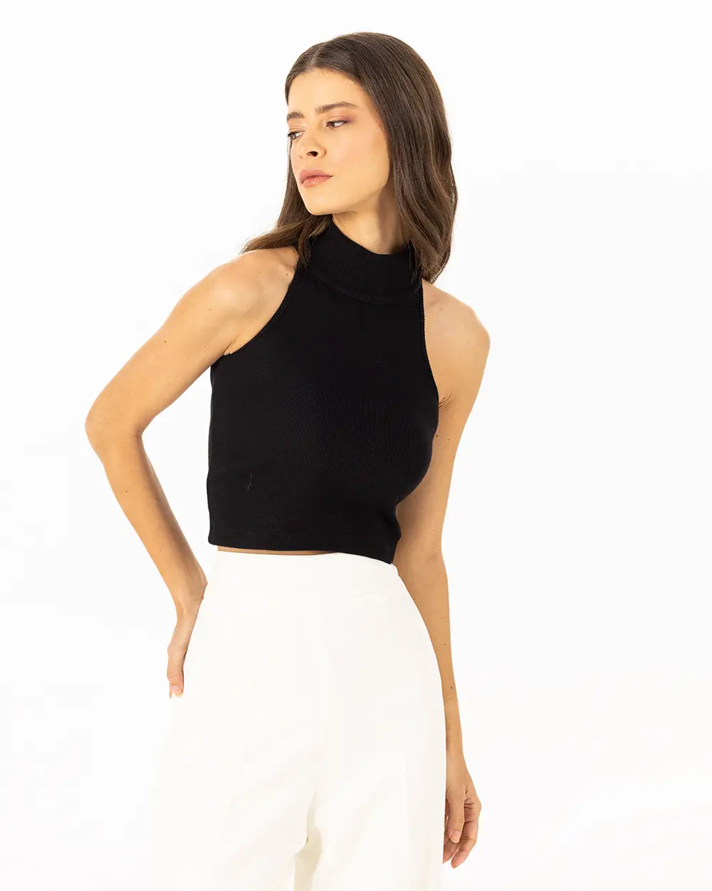 Knitted Fabric Halter Neck Basic Blouse