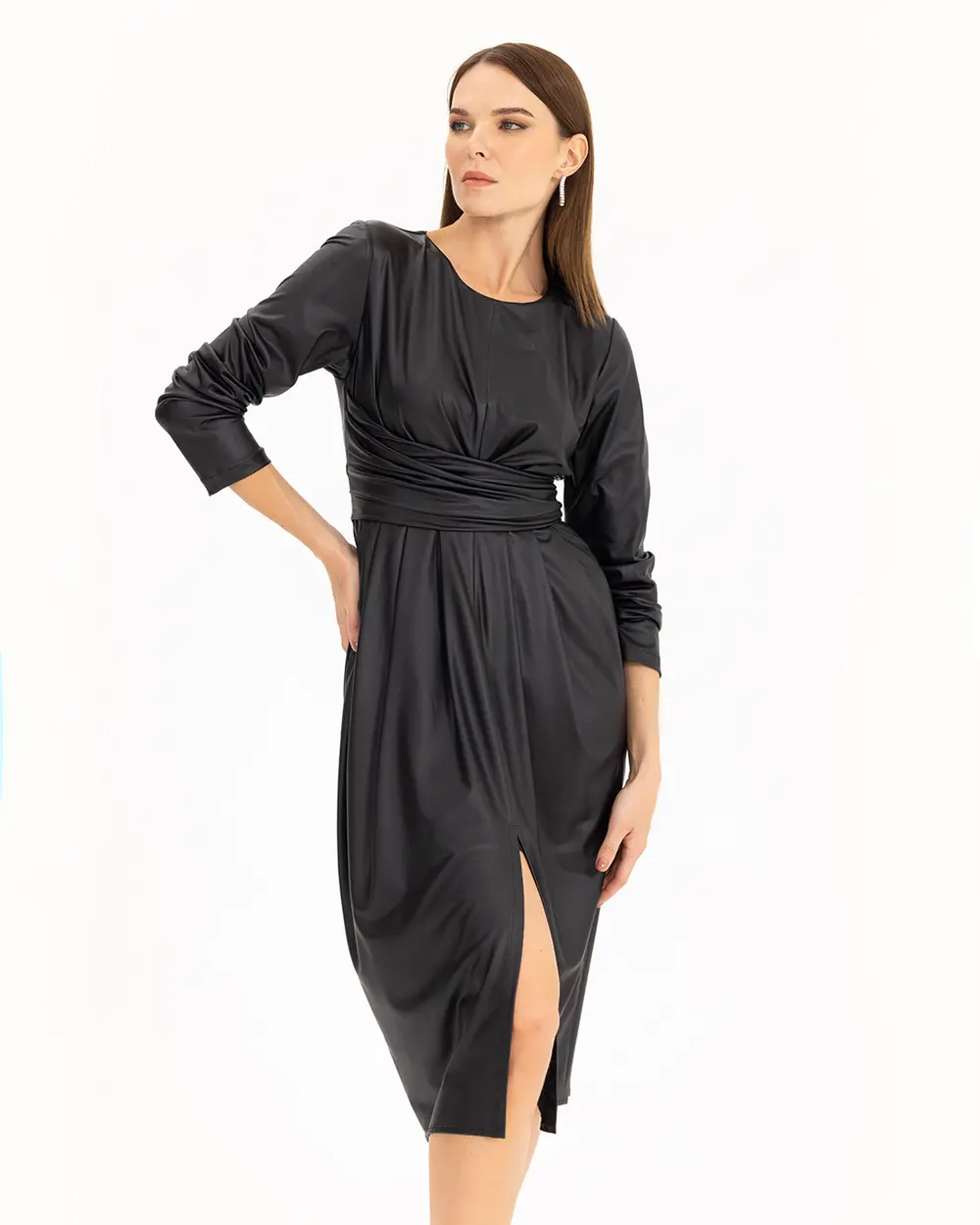 Bel Detaylı Suni Deri Elbise