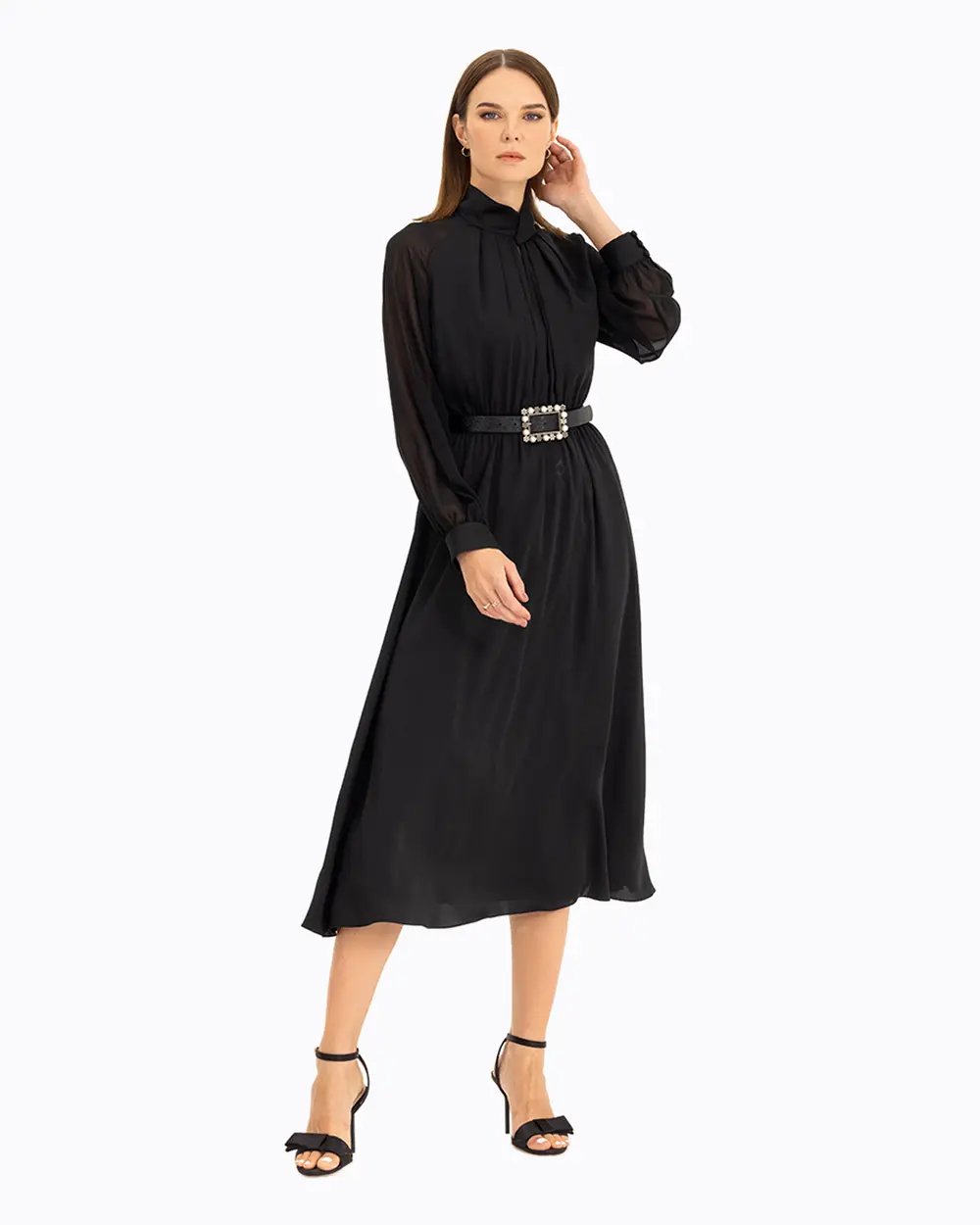 Kemerli Hakim Yaka Elbise