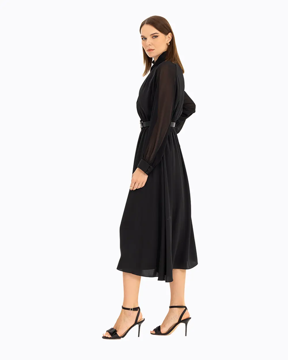 Kemerli Hakim Yaka Elbise