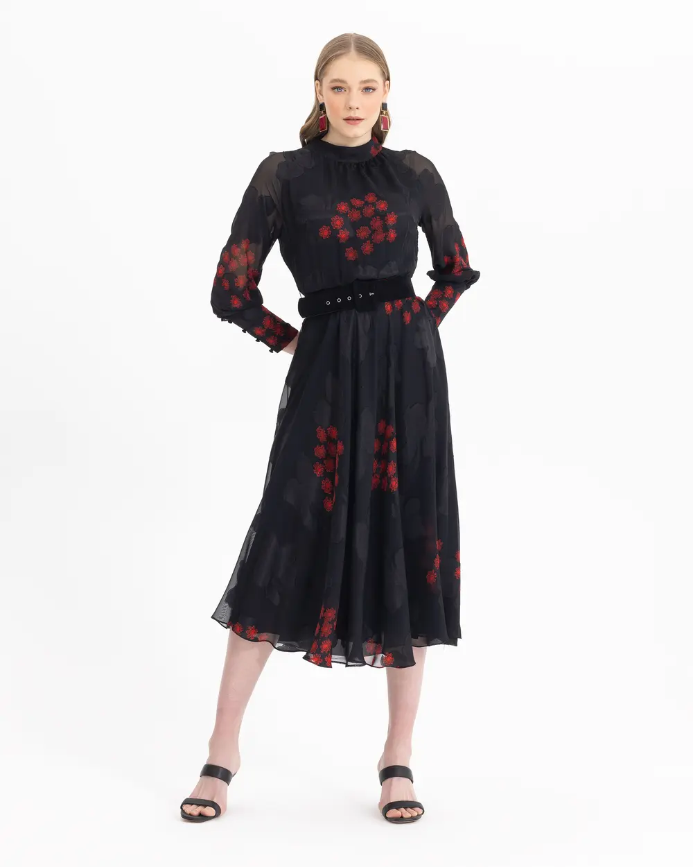 Kemerli Desenli Midi Boy Elbise