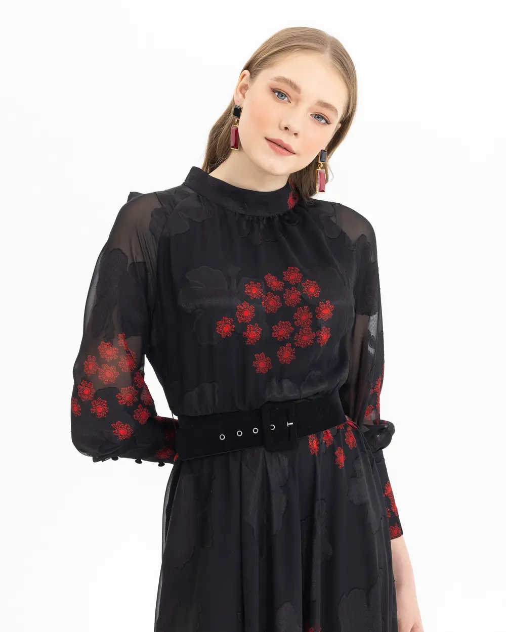 Kemerli Desenli Midi Boy Elbise