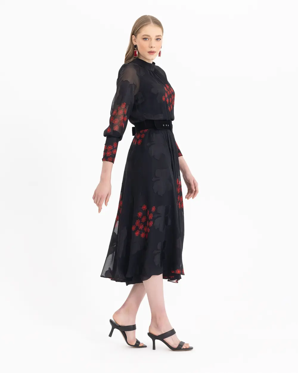 Kemerli Desenli Midi Boy Elbise