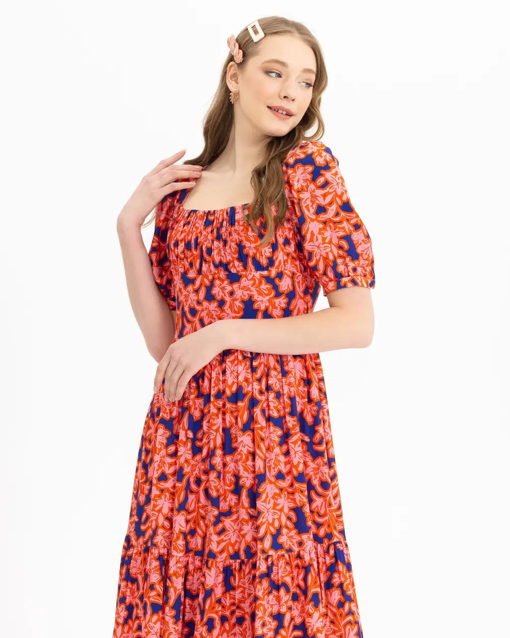 Floral Patterned Square Collar Dress