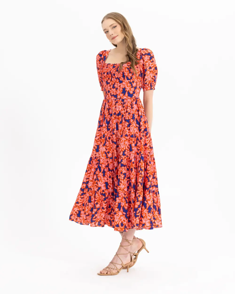 Floral Patterned Square Collar Dress