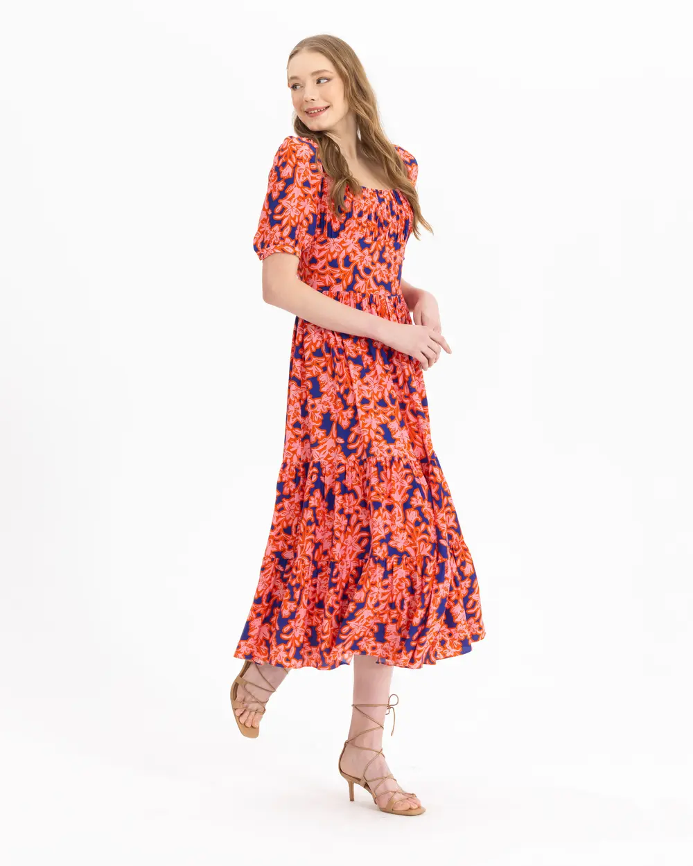 Floral Patterned Square Collar Dress