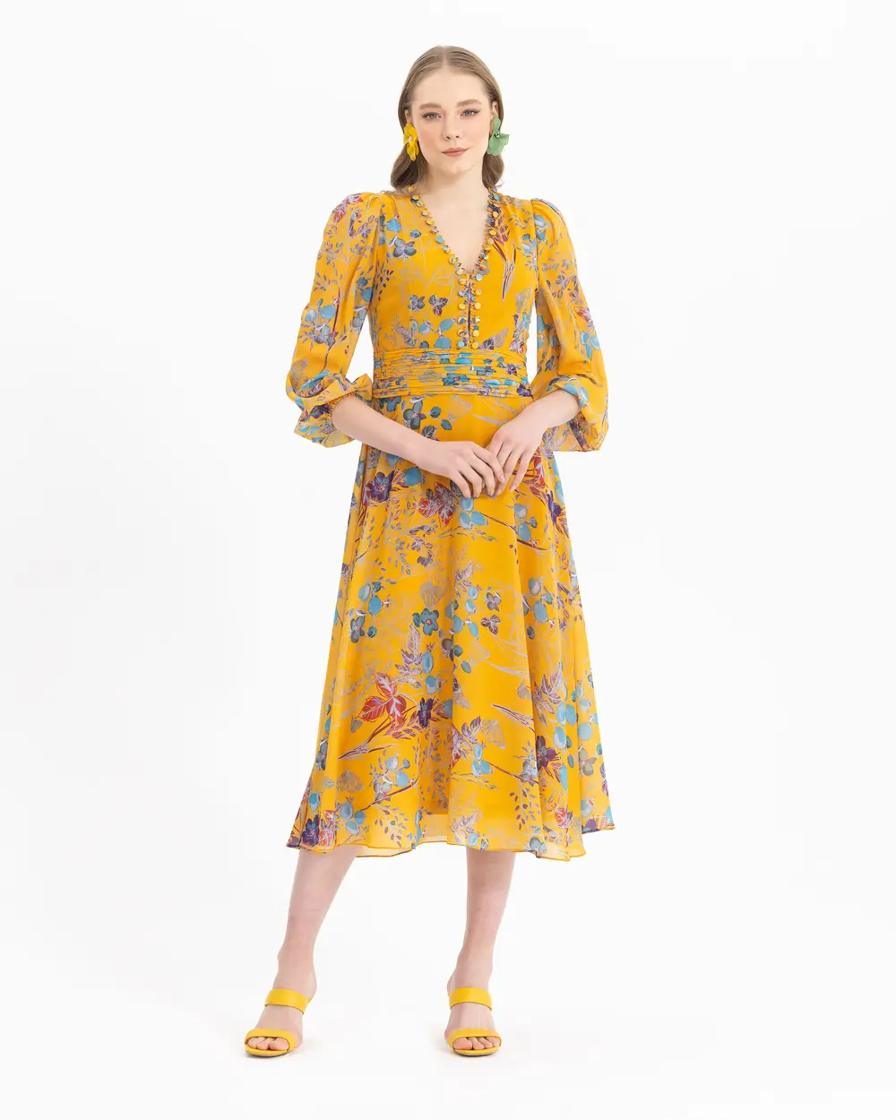 Düğme Detaylı Desenli Elbise