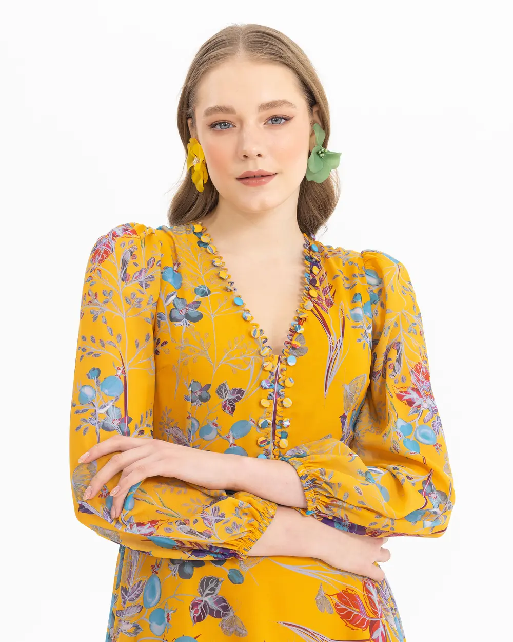 Düğme Detaylı Desenli Elbise