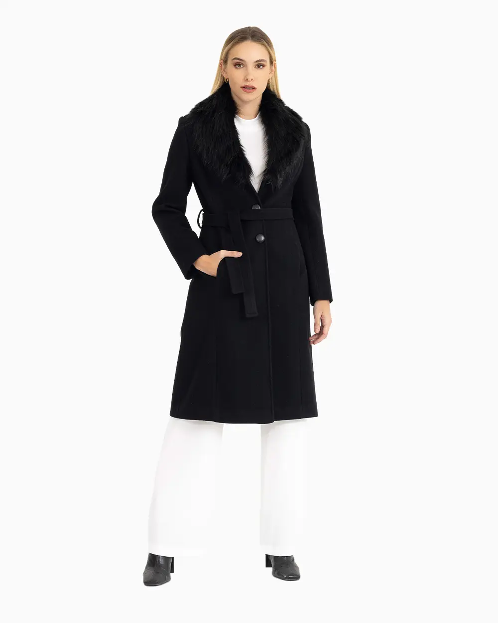 Belted Cashmere Coat with Faux Fur Collar - SecilStore