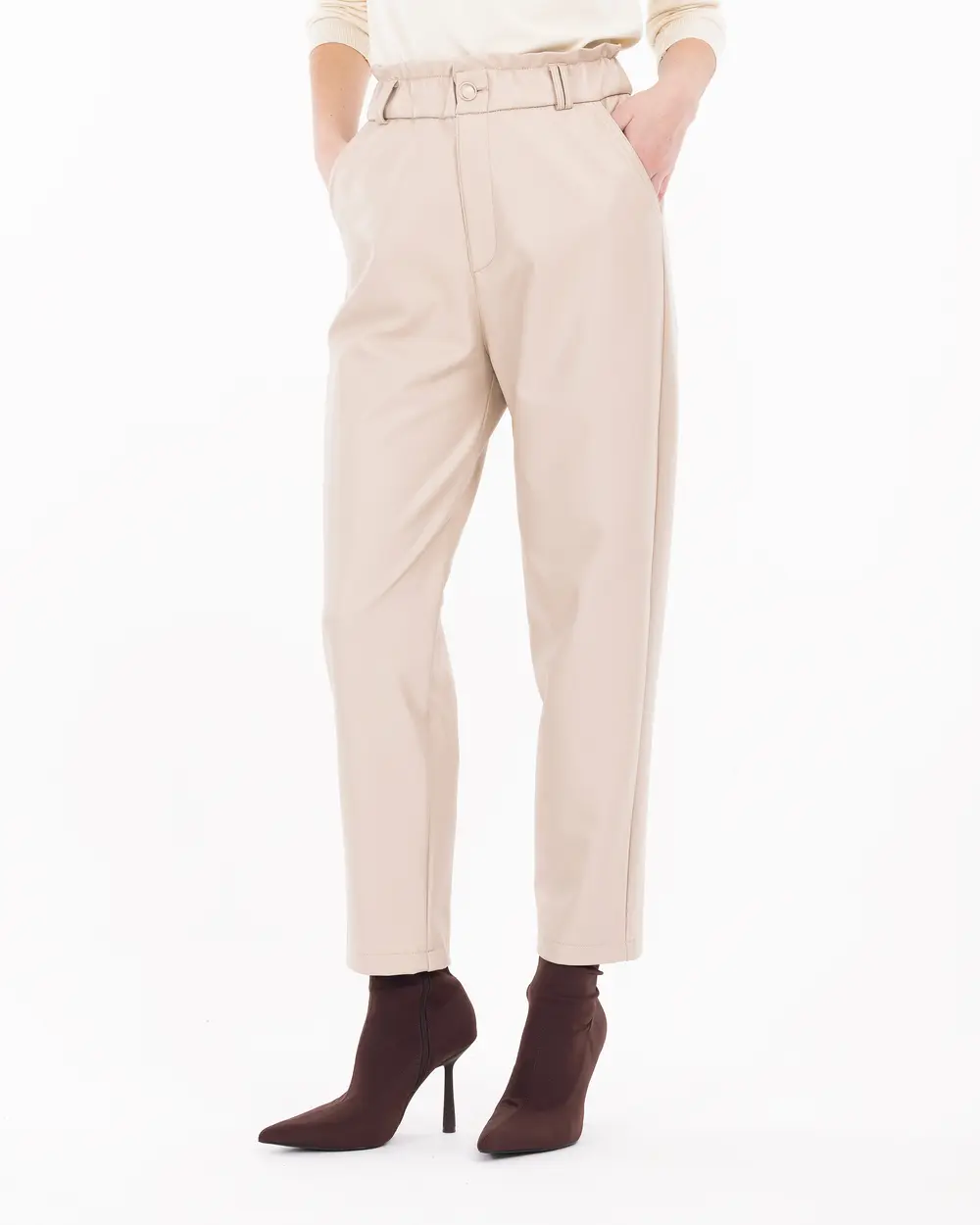 Beige High Rise Carrot Fit Pants Online Shopping | OXXOSHOP