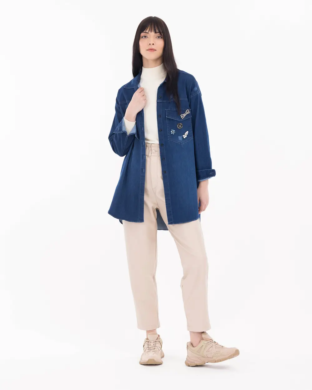 Boncuk İşlemeli Jean Ceket