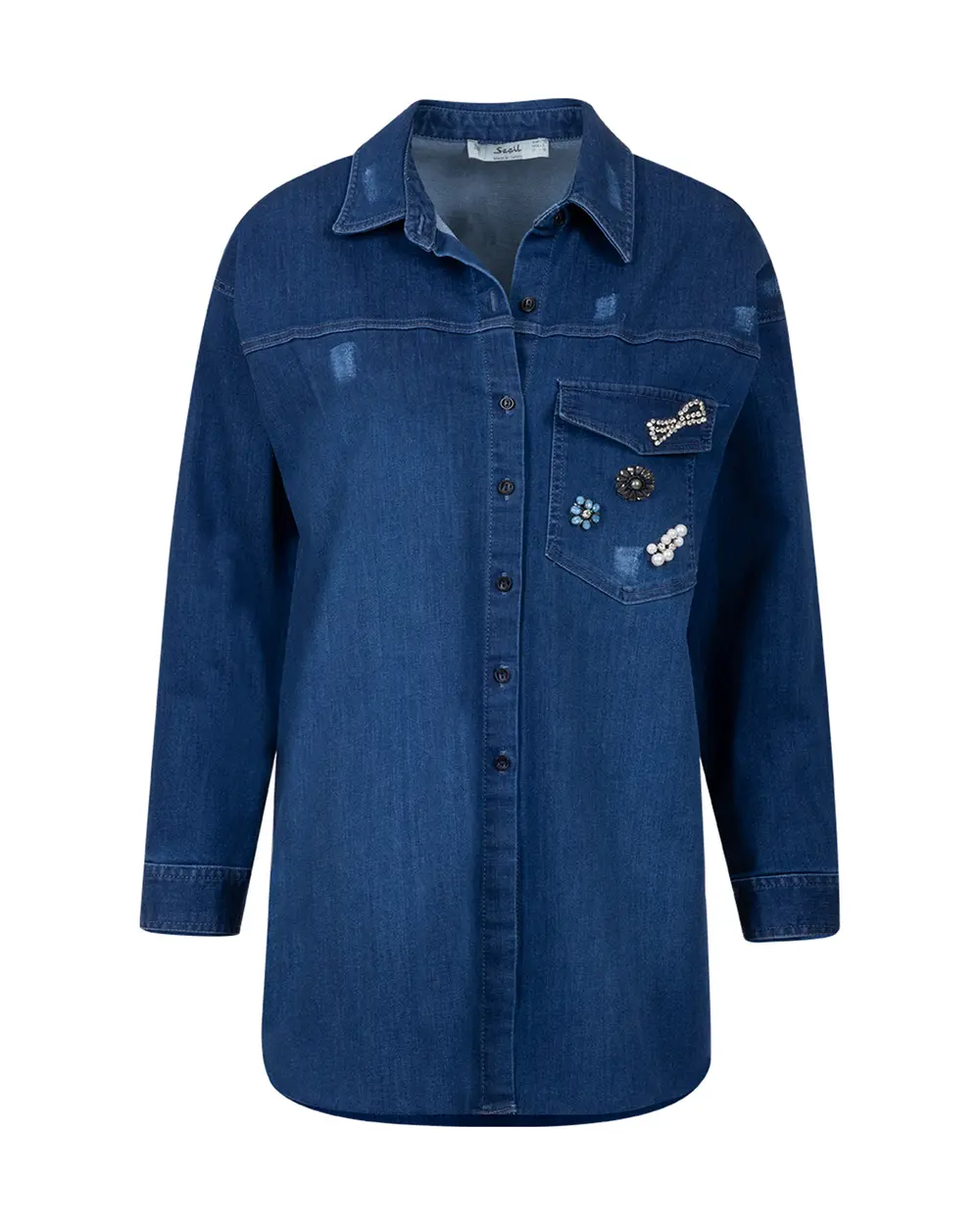 Boncuk İşlemeli Jean Ceket