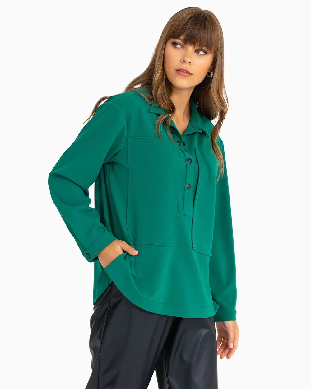  Snap Button Collared Blouse