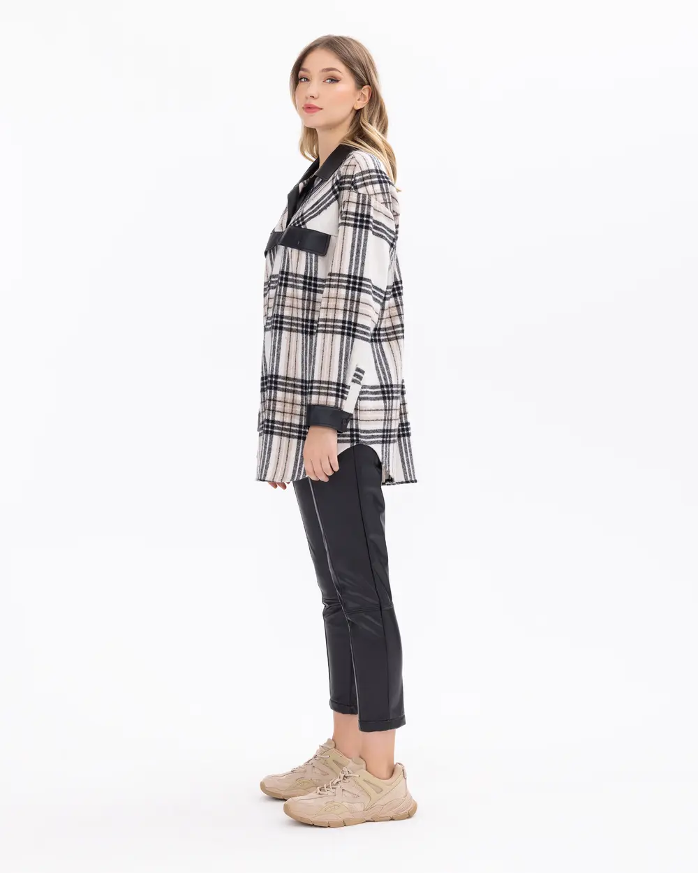 Checked Patterned Faux Leather Detailed Shirt