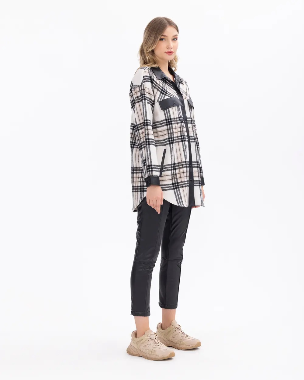 Checked Patterned Faux Leather Detailed Shirt