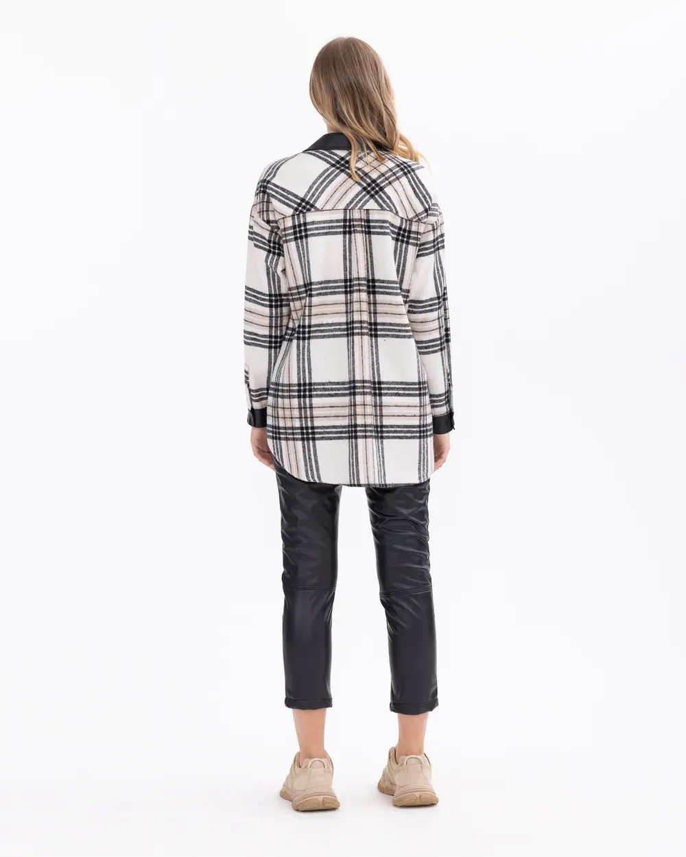 Checked Patterned Faux Leather Detailed Shirt