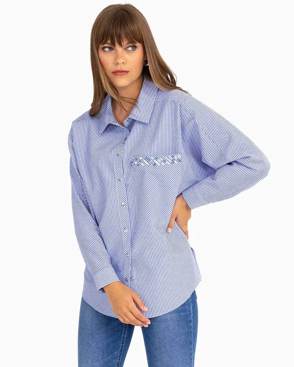 Boncuk İşlemeli Çizgili Gömlek