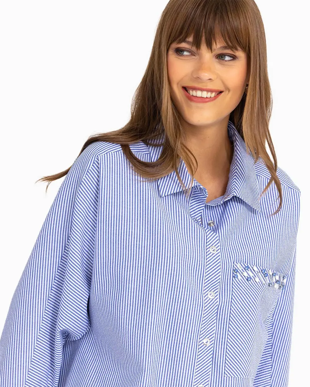Boncuk İşlemeli Çizgili Gömlek