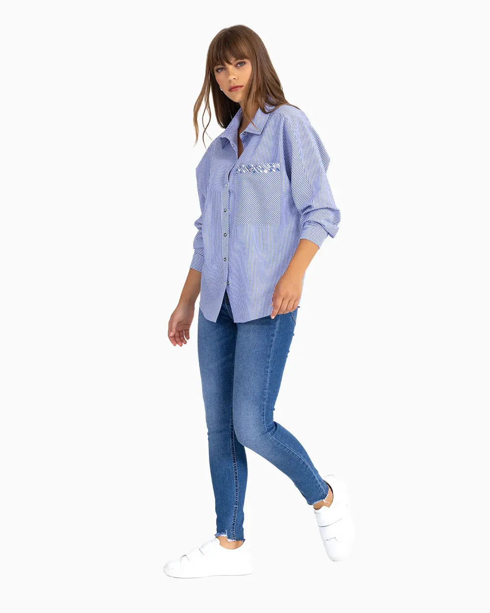 Boncuk İşlemeli Çizgili Gömlek