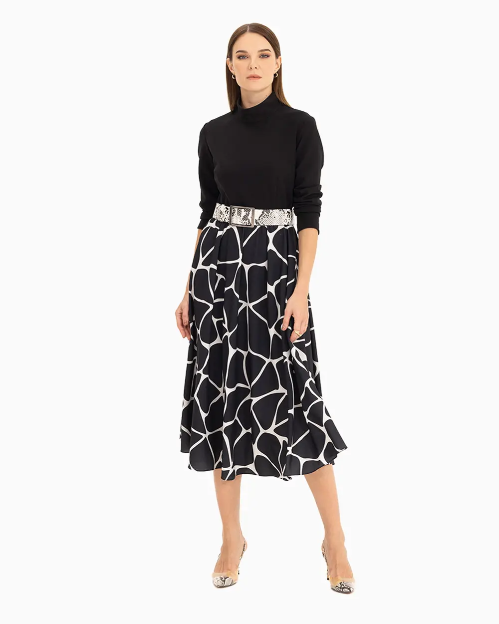 İki Kumaşlı Beli Kemerli Elbise