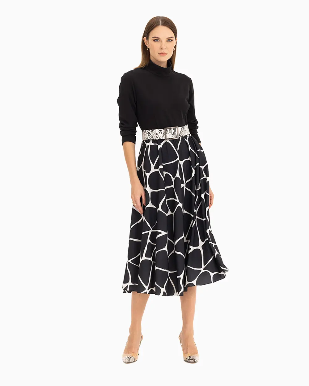 İki Kumaşlı Beli Kemerli Elbise