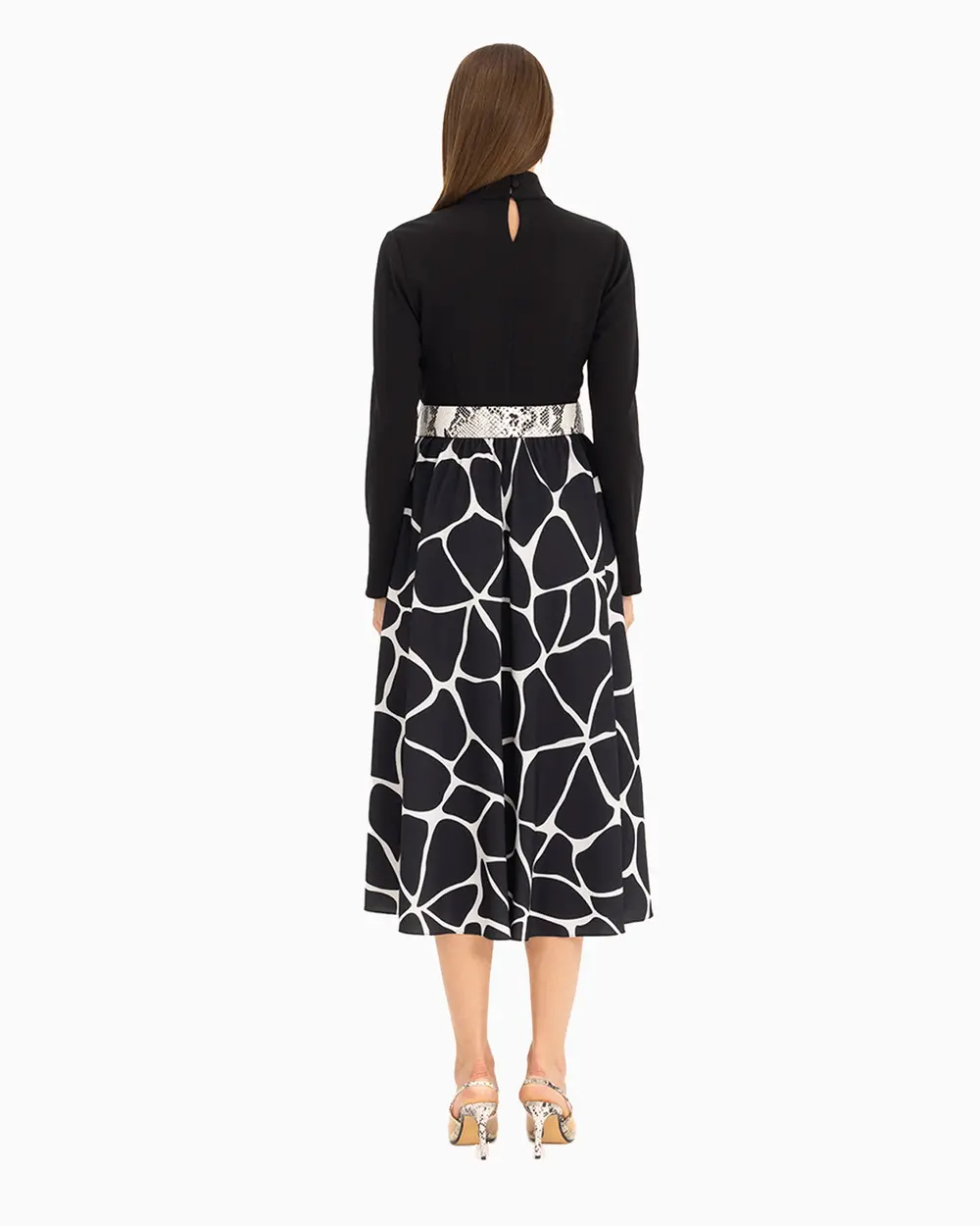 İki Kumaşlı Beli Kemerli Elbise