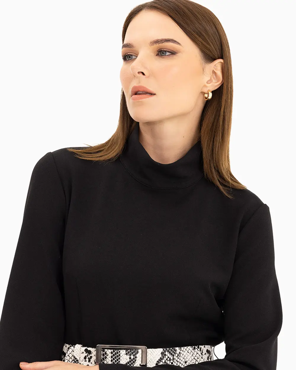 İki Kumaşlı Beli Kemerli Elbise