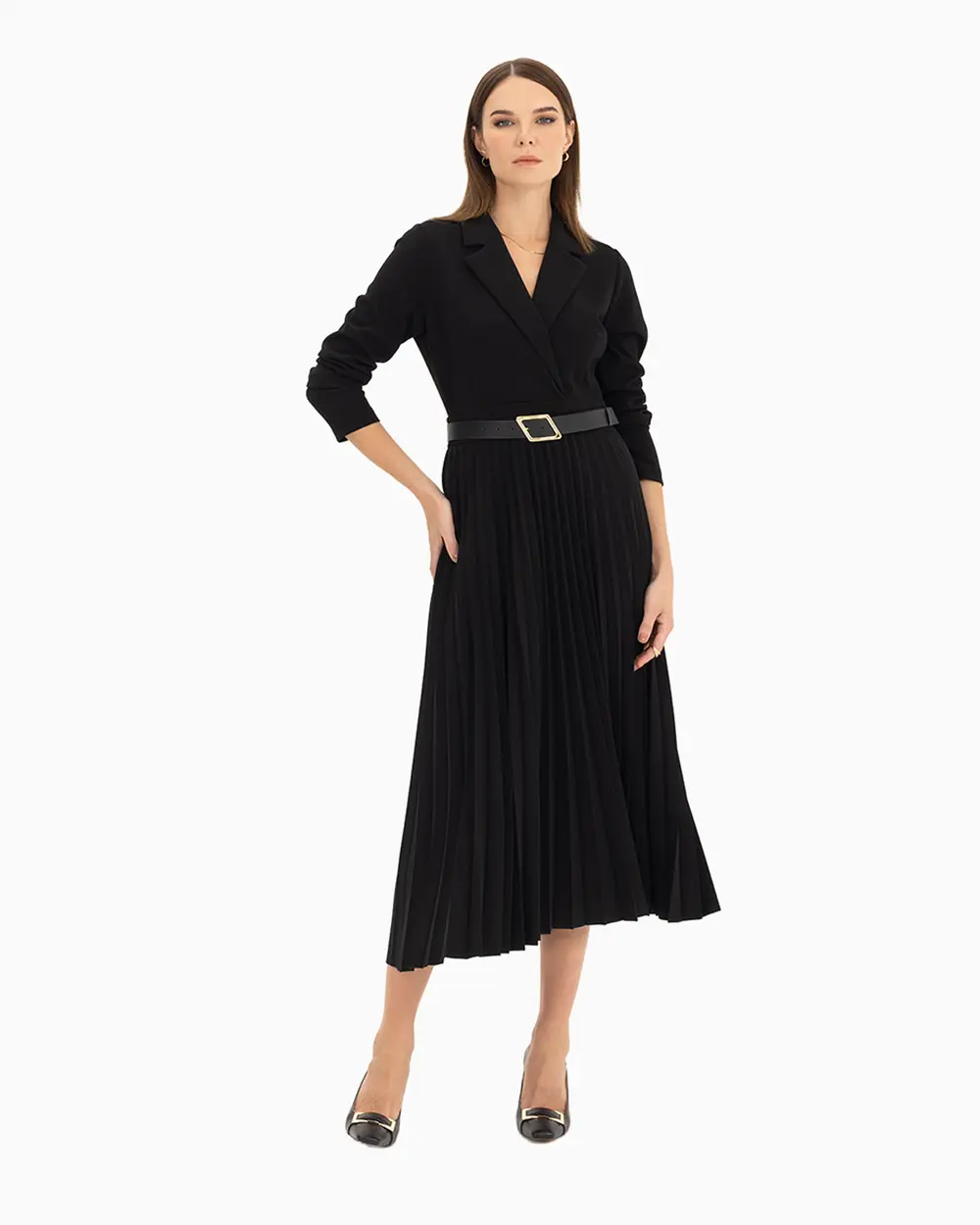 Kruvaze Yakalı Kemerli Elbise