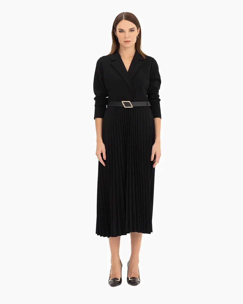 Kruvaze Yakalı Kemerli Elbise