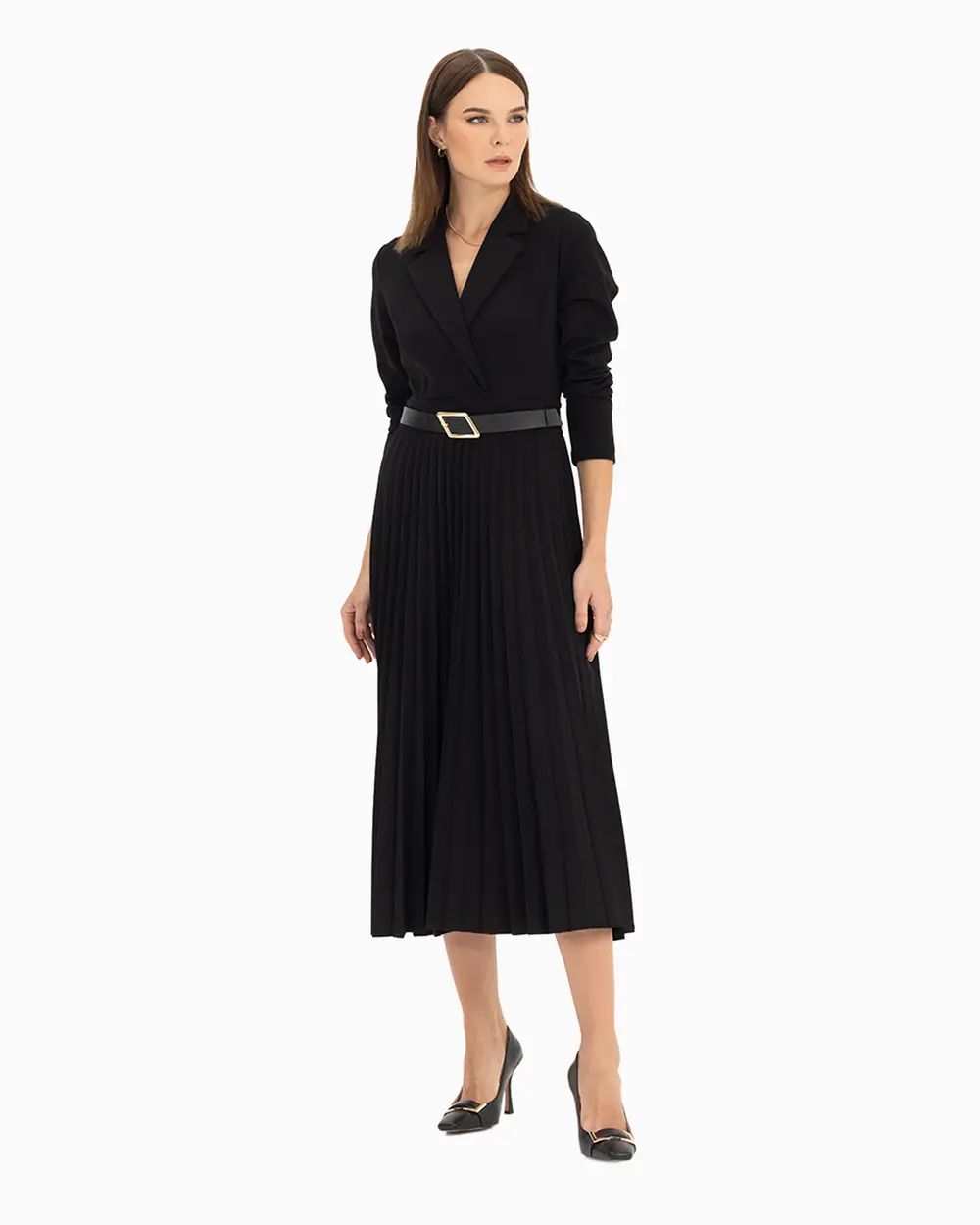 Kruvaze Yakalı Kemerli Elbise