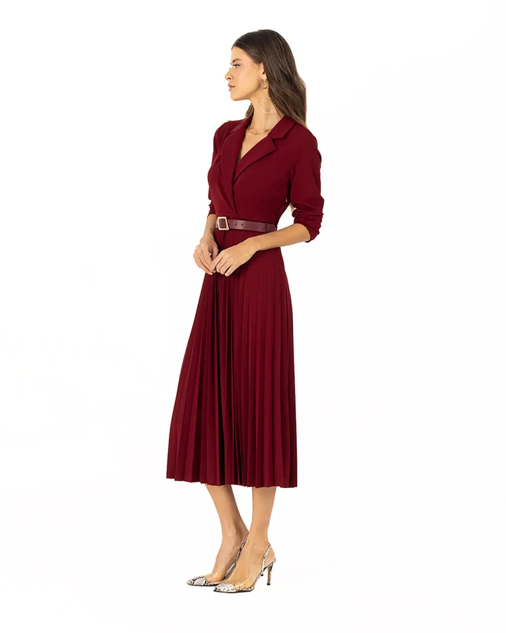 Kruvaze Yakalı Kemerli Elbise