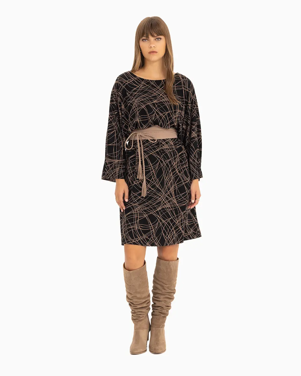 Kemerli Yuvarlak Yaka Elbise