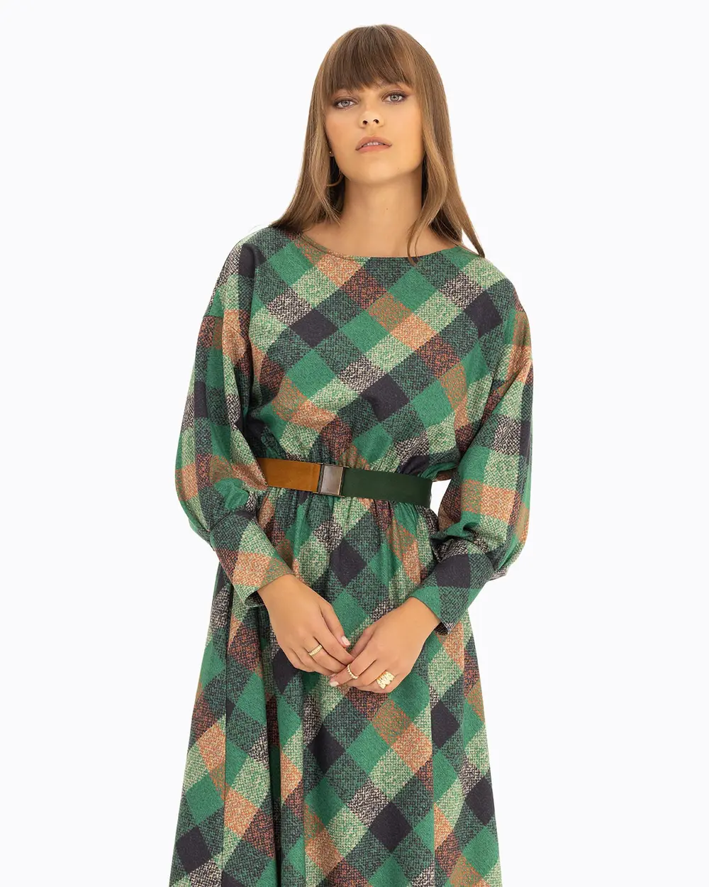 Ekose Desenli Midi Boy Elbise