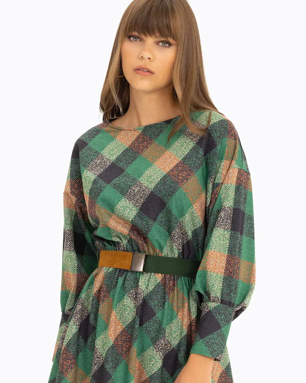 Ekose Desenli Midi Boy Elbise