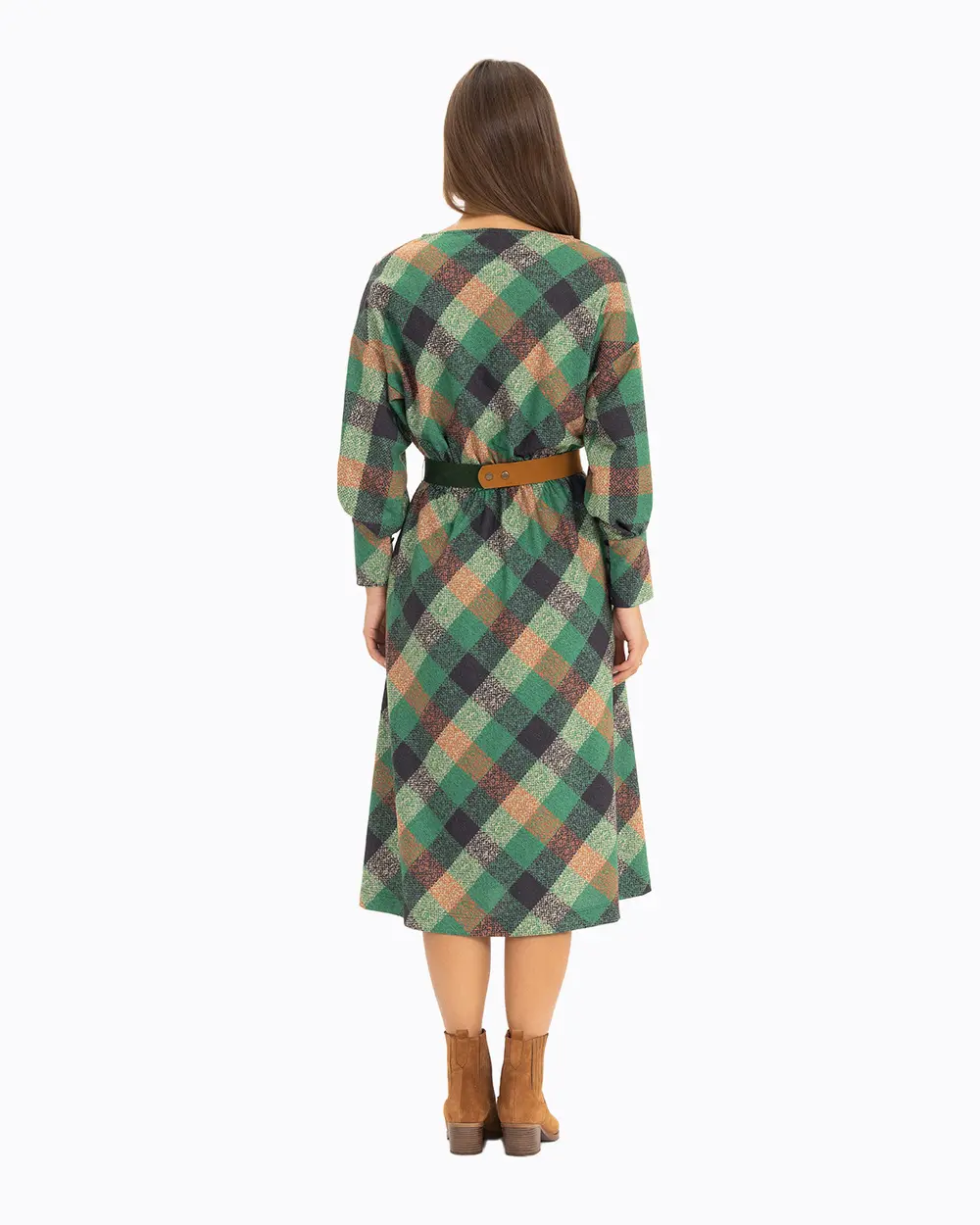 Ekose Desenli Midi Boy Elbise